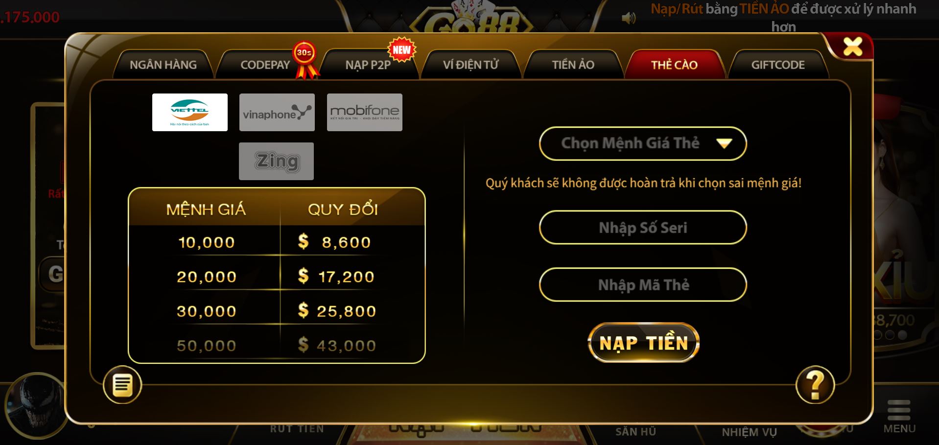 Tỷ giá nạp thẻ cào ở GO88 chính hãng: 10k = 8.600–8.900đ tùy nhà mạng